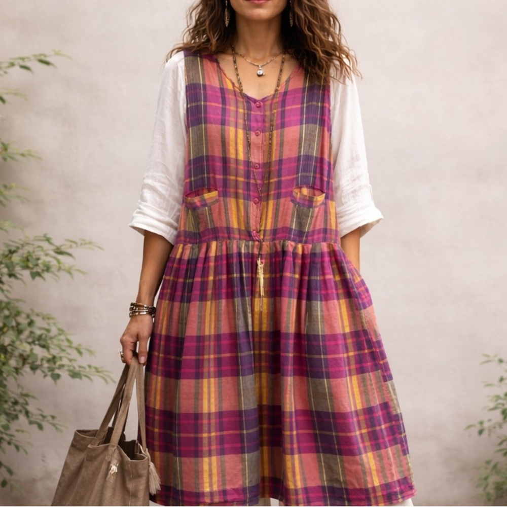 Casual Plaid Midi Dress in Berry & Mustard - Women - Picture 2 of 7